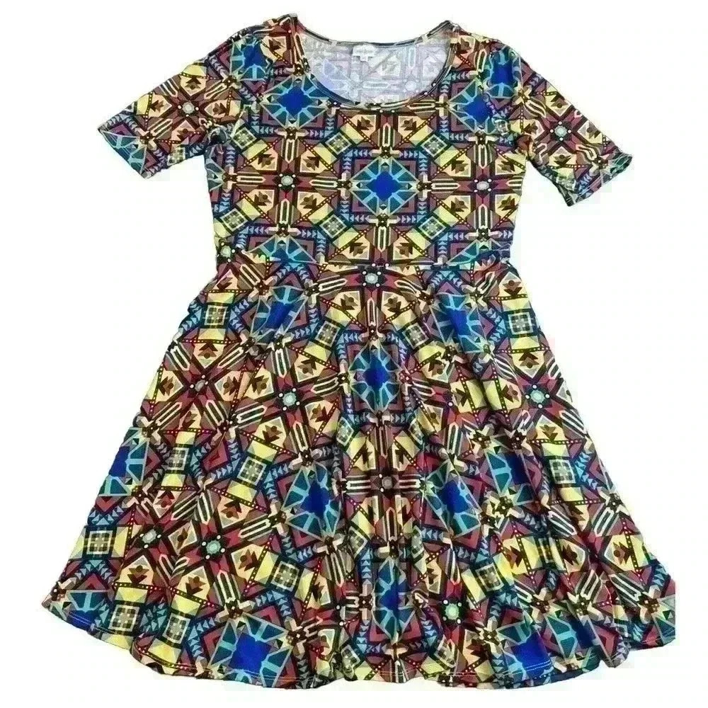 LuLaRoe Nicole Dress Size 3XL Bright Multi-Color Geometric Design